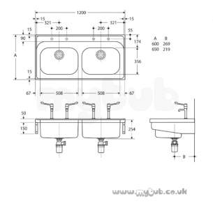 Armitage Shanks Commercial Sanitaryware -  Armitage Shanks Doon S5865 1200 X 600mm No Tap Holes 2 0b Sink Ss