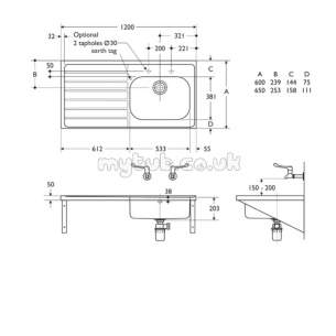 Armitage Shanks Commercial Sanitaryware -  Armitage Shanks Doon S5847 1200 X 650mm No Tap Holes Lhd Sink Ss