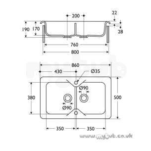 Armitage Shanks Commercial Sanitaryware -  Armitage Shanks Ceramas 860 X 500 X 190mm 2 0b Sink Wh