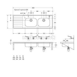 Armitage Shanks Commercial Sanitaryware -  Armitage Shanks Doon S5858 1800 X 650mm Two Tap Holes Dblhd Sink Ss