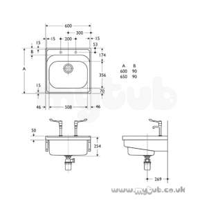 Armitage Shanks Commercial Sanitaryware -  Armitage Shanks Doon S5862 600x650mm Two Tap Holes 1.0b Sink Ss