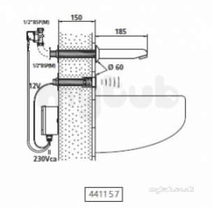 Delabie Basin Taps -  Delabie Tempomatic Cross Wall 155 Basin Tap Mains 230/12v Spout L170