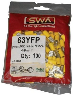 Electrical Accessories and Components -  Specialised Wiring Accesories Push On Terminal Female 6.3mm Yellow (pack Of 100)