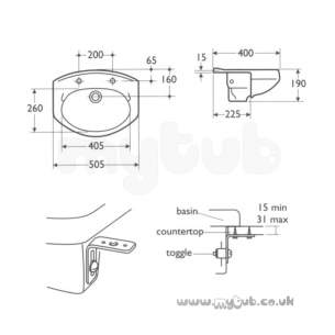 Armitage Vanity Basins -  Armitage Shanks Profile S2441 505mm One Tap Hole Semi-countertop Basin Wh S244101