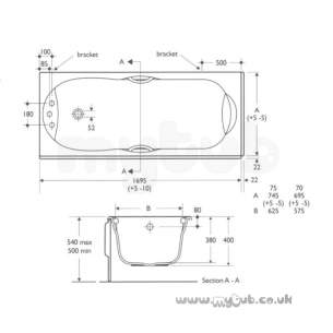 Ideal Standard Acrylic Baths -  Ideal Standard Alto 1700 X 700mm Two Tap Holes Bath Plus Chrome Plated Grips White