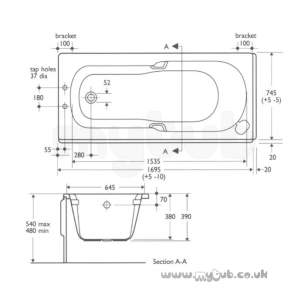 Ideal Standard Acrylic Baths -  Ideal Standard Studio Extra E4052 Two Tap Holes Tg Bath White