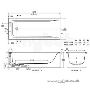 Ideal Standard Concept Acrylics -  Ideal Standard Concept E735101 Bath 1700 X 700 Iws No Tap Holes Wh