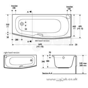 Ideal Standard Acrylic Baths -  Ideal Standard Studio E5832 1700 No Tap Holes Right Hand S/maker Bath Wh