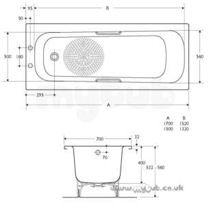 Armitage Shanks Steel Baths -  Armitage Shanks Nisa S1865 1700mm Plain Two Tap Holes Steel Bath Wh S186501