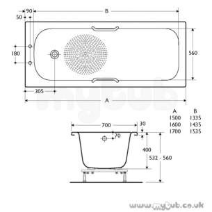 Armitage Shanks Steel Baths -  Armitage Shanks Sandringham Orima S169601 1700 Two Tap Holes Ngh As Steel Bath 130.0049.877