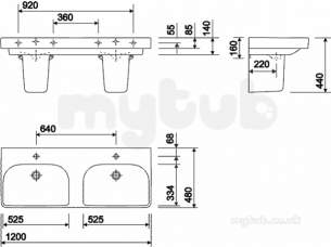 Twyford Mid Market Ware -  E500 Square Double Wb 1200x480mm Two Tap Holes Wht