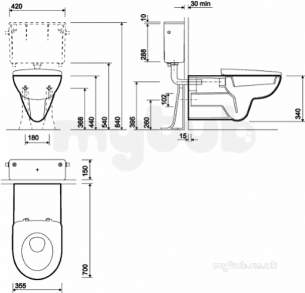 Twyford Mid Market Ware -  E100 Round Wc Wall Hung 700mm Proj Pan Wht