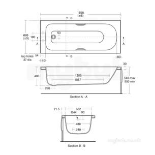 Ideal Standard Acrylic Baths -  Ideal Standard Alto E763301 Contract Bath 170 X 70 White 2th