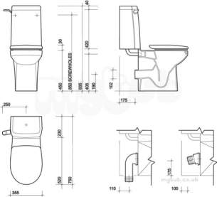 Twyfords Commercial Sanitaryware -  Avalon Close Coupled Rimless Toilet Pan Ho Av1968wh