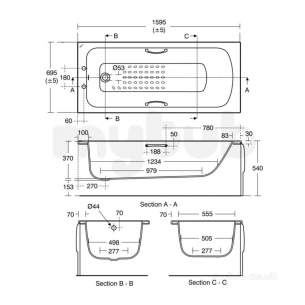 Sandringham 21 Acrylic Baths and Panels -  Armitage Shanks Sandringham 21 E0277 1600mm Bath Inc Grips Wht