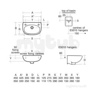 Ideal Standard Studio -  Ideal Standard Studio E2522 No Tap Hole Wall Basin 450mm White E252201