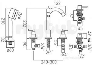 Vado Brassware -  5 Hole Bath Shower Mixer Deck Mounted Ela-135-3/4-c/p