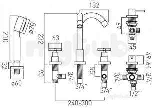 Vado Brassware -  5 Hole Bath Shower Mixer Deck Mounted Elw-135-3/4-c/p
