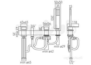 Vado Brassware -  3 Hole Bath/shower Mixer Single Lever Dck Mount W/o