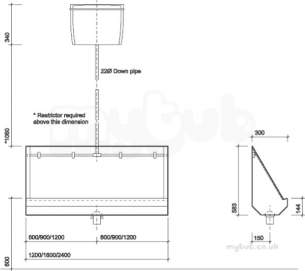Twyford Stainless Steel -  Twyford 1200 Urinal Wall Hung Ps8201ss