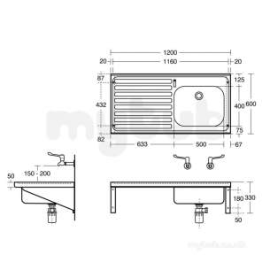 Armitage Shanks Commercial Sanitaryware -  Armitage Shanks Doon Sink S5986 Two Tap Holes 120x60 Pol Ss Left Hand Drn S5986my
