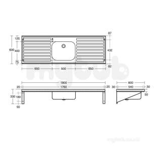 Armitage Shanks Commercial Sanitaryware -  Armitage Shanks Doon Sink S5992 Two Tap Holes 180x60 Pol Ss Db Drn S5992my