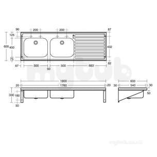 Armitage Shanks Commercial Sanitaryware -  Armitage Shanks Doon Sink S5995 No Tap Holes 180x60 Pol S/s Db Rh S5995my
