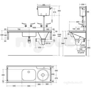 Armitage Shanks Commercial Sanitaryware -  Armitage Shanks Dee Sink 160x60 Pol Ss Ti Right Hand Slop Hopper Nth S6553my