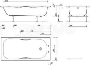 Twyfords Pressed Steel Baths -  Shallow Bath 1500x700 2 Tap Slip Resist Inc Grips Sb1372wh