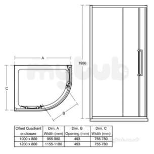 Ideal Standard Kubo Enclosures -  Ideal Standard Bright Silver Kubo Shower 1180mm Widex1950mm Highx780mm Depth T7355eo