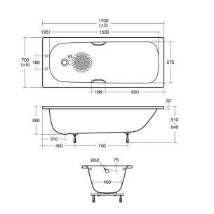 Armitage Shanks Steel Baths -  Armitage Shanks Sandringham Anti Slip Steel Bath 1700 X 700