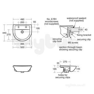 Sandringham 21 Sanitaryware -  Armitage Shanks Sandringham 21 E8961 500 Two Tap Holes Semi Countertop Basin Nch Wht E896101