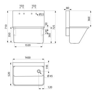 Delabie Surgical Sinks -  Delabie Surgical Sink L1400 2 Twin 22 Holes C-c 150 304 St St Satin